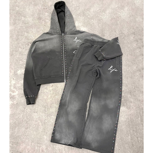 Personnalisable Détresse Strass Lavage À L'acide Zip-Up Survêtements Hommes Femmes Évasée Survêtement Lourd À Capuche Pantalon De Survêtement - Product Image 2