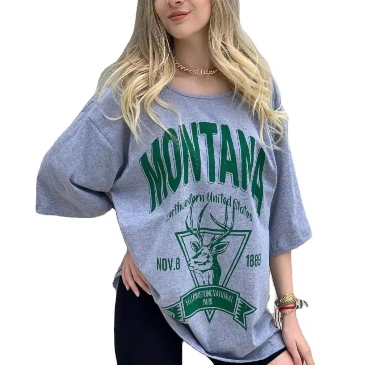 Mujer Gris Montana Impreso Oversize Camiseta Casual Manga Larga Nuevo Diseño Unisex