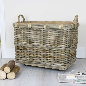 Handmade Eco-Friendly Natural Rattan Wicker Wheeled Log <b>Storage</b> <b>Baskets</b> Modern <b>Rectangle</b> Multifunction Design Made Hanoi Vietnam - Product Image 2