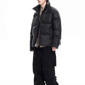 Veste matelassée en cuir PU noir tendance pour hommes, col montant, chaude, style streetwear, épaisse, pour l'hiver - Product Image 3