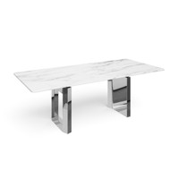 Table à manger rectangulaire en marbre de 220 cm, design moderne de New York, stable, blanc argenté, 6 places, meubles de salle à manger, acier inoxydable