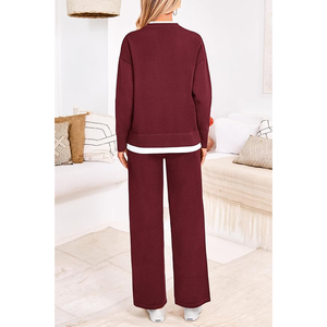 Conjunto de 2 Piezas de Alta Calidad para Mujer, Suéter Casual de Punto de Algodón Sólido y Pantalones Anchos para Conjuntos Deportivos - Product Image 2