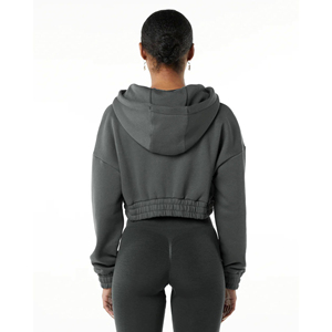 Sweats à capuche classiques à fermeture éclair pour femmes 55% coton 45% Spandex Style d'épaule goutte surdimensionné coupe courte hiver à capuche couleur fumée - Product Image 5