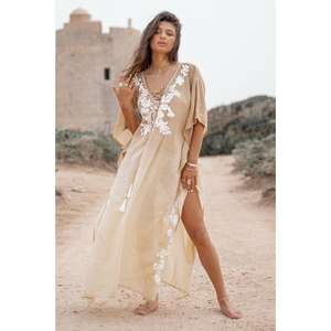 Women Solid Color Embroidered Maxi <b>Kaftan</b> Dress With V Neck Side Slit <b>Beach</b> Resort Boho Summer Wear - Product Image 2