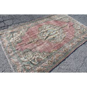 Alfombra clásica de lana hecha a mano rosa y azul, estilo Tabriz turco de 5,1x8,5 pies con respaldo de látex con patrón de retazos para sala de estar - Product Image 2