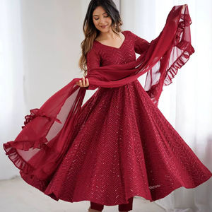 Conjunto de Traje Anarkali de Georgette de Lucknow, Georgette Suave y Pesada con Bordado de Hilo de Lentejuelas, Mangas Largas, Estilo con Volantes, Dupatta - Product Image 1