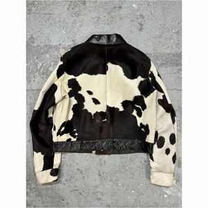 Chaqueta de Cuero Vacuno para Hombre, con Cremallera Asimétrica, Estampado de Vaca en Blanco y Negro, para Motocicleta, Ropa de Invierno - Product Image 4