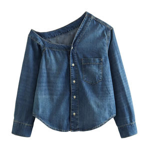 Veste en Denim Asymétrique à Epaule Simple pour Femme, Bouton Lavé Vintage, Poche Patch 100% Coton - Product Image 1