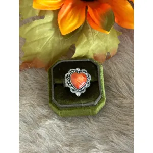 Southwest Handmade Turquoise & Spiny Oyster Sterling <b>Silver</b> <b>Adjustable</b> Heart Statement <b>Ring</b> - Product Image 1