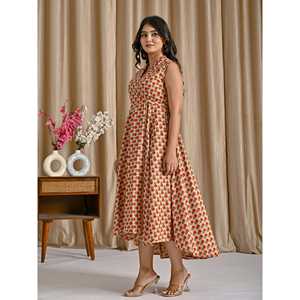 Vestido Asimétrico Estampado de Algodón Butti Rojo Beige, Personalizado, Casual, Elegante, para Oficina, Talla 5XL, Transpirable, Estiloso, para Fiestas Diurnas - Product Image 5