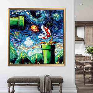 Arte en lienzo impreso de Mario Bros con diseño de noche estrellada moderna, decoración de pared de diseño plano, enmarcado en dorado - Product Image 1