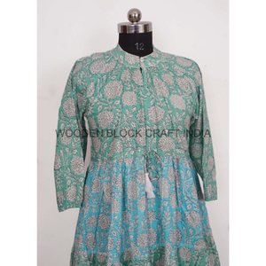 เดรสผ้าฝ้ายพิมพ์ลายแบบบล็อกสำหรับผู้หญิงเสื้อคลุมยาวคลุมเข่ามีพู่ลูกไม้สำหรับงานแต่งงานและงานปาร์ตี้ของอินเดียรอบเอวธรรมชาติ - Product Image 2