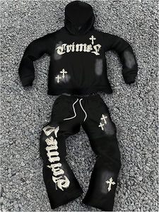 ชุดวอร์มแฟชั่นทรงขาบานแบบยูนิเซ็กซ์สำหรับผู้ชาย  ชุดเซ็ตเสื้อและกางเกงวอร์มทรงขาบาน ล้างสีแบบแอซิดวอช - Product Image 2