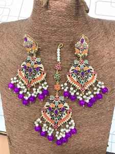 Juego de Joyería de Novia Clásico al por Mayor, Multicolor, de Acero Inoxidable, con Pedrería, Collar, Aretes, Tikka, Plateado, Importado - Product Image 5