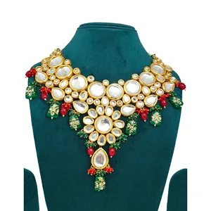 Handmade Meenakari Kundan Green <b>Studded</b> Beaded Necklace Set for Weddings - Product Image 3