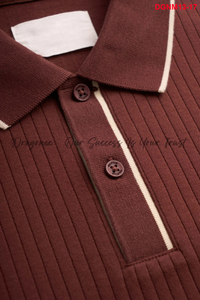 Label Premium Polo para hombre Botón de manga redonda roja Dobladillo acanalado a rayas Forma estándar Diseño ajustado Combinación de colores NM13 - Product Image 5