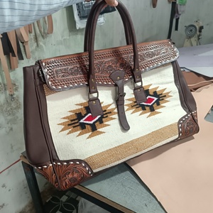 Autumn Bohemian Western Saddle Blanket Weekender <b>Bag</b> Hand Tooled Custom Cow Print <b>Leather</b> Duffle <b>Bag</b> for Women Travel Wholesale - Product Image 1