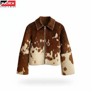 <b>Women</b> <b>Brown</b> White Cow Print Cowhide Leather Fur <b>Jacket</b> Motorcycle Biker Winter Fashion - Product Image 1