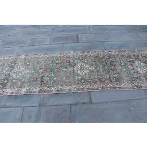 2.6x9.8 ft Vintage Runner Rug, <b>Brown</b> Blue Turkish Polka dot <b>Wool</b> Rug - Product Image 4