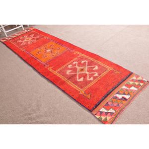 Vintage Turkish Herki Rug 2.8x10.3 ft, <b>Red</b> <b>Runner</b> Animal Print Wool Rug - Product Image 3