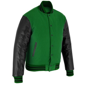 OEM High Street Hombres Verde Fleece Negro Mangas de cuero Letterman Varsity Jacket Hot Custom-Made Stand Precio al por mayor de invierno - Product Image 5