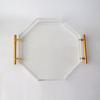 Plateau de service octogonal en acrylique transparent en gros avec poignées en métal doré, plateau organisateur anti-déversement, plateau de rangement en lucite, plateau en acrylique