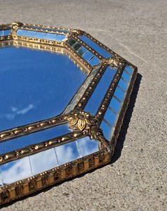 Luxury Hollywood Regency Octagonal <b>Mirror</b> with Brass Floral Accent - Product Image 2