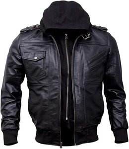 Blouson aviateur en cuir véritable noir pour homme avec cuir d'agneau véritable ciré marron imperméable respirant pour l'hiver - Product Image 2