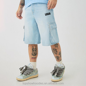 Short en maille délavée 100% coton personnalisé OEM pour hommes Jean cargo baggy avec multi-poches décontracté motif solide - Product Image 3