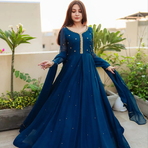 Vestido Largo Formal Anarkali de Chifón con Mangas Largas para Mujer, Lehenga Choli para Fiesta, Sin Arrugas - Product Image 1