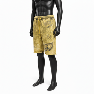 Shorts en coton French Terry épais 340 GSM, délavés à l'acide, jaunes, avec logo clouté, pour homme - Product Image 4