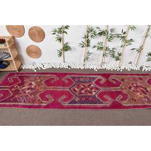 3.3x11.2 ft Vintage Herki Rug, Turkish Rug, <b>Red</b> Camouflage <b>Wool</b> Rug - Product Image 3