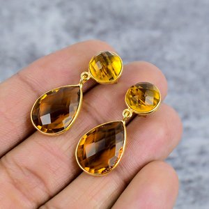 Boucle d'oreille en forme de citrine dorée Boucles d'oreilles en argent sterling 925 plaqué or Boucles d'oreilles bohème rondes et poires faites à la main - Product Image 3