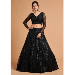 ชุดปาร์ตี้งานแต่งงานดีไซเนอร์ชาวอินเดียนล่าสุด,ผ้าตาข่ายสีดำขนาดใหญ่งานปักลำดับ Lehenga Choli อัตราขายส่งสำหรับผู้หญิง - Product Image 6