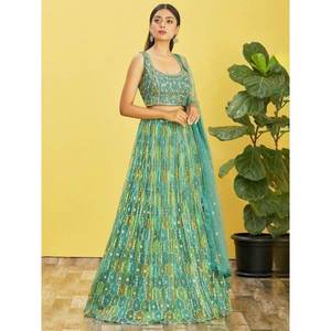 Impresionante Lehenga Choli de Organza con Bordado de Espejo Verde Mar, Elegante Traje de Novia para Ocasiones Especiales - Product Image 5
