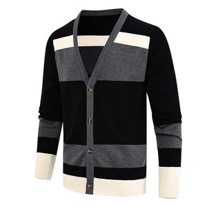 Contrast Sleeved Autumn & Winter Sweater <b>Men's</b> Striped <b>Cardigan</b> Custom Color V-neck Wool Cotton <b>Men</b> Sweaters Pullover Breathable - Product Image 1