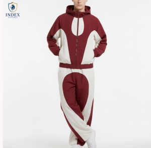 Ensemble de survêtement INDEX APPAREL pour homme, couleur marron et blanc, à blocs de couleur, avec capuche, manches longues, fermeture éclair, coupe ample, style streetwear, pour l'automne - Product Image 1