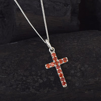 Pendentif croix en pierre naturelle de grenat rouge, argent Sterling 925, chaîne à maillons de 18 pouces, bijoux religieux fins pour unisexe