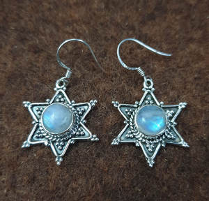 Pierre de lune arc-en-ciel naturelle 925 argent sterling Starburst Dangle 3.8 cm boucles d'oreilles 5.26 gms bijoux faits à la main pour les filles - Product Image 3
