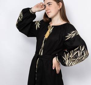 Custom Black Boho A-Line <b>Midi</b> <b>Dress</b> <b>with</b> Wheat Embroidery Ukrainian Folk Summer <b>Dress</b> Ethnic Heritage Wear Natural Waistline - Product Image 3