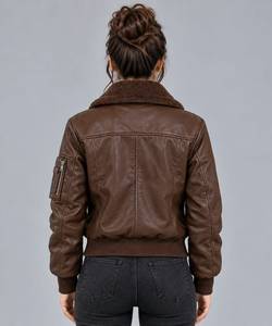Brown Winter PU Leather Woven Bomber <b>Jacket</b> <b>Fur</b> Collar Zipper Sherpa <b>Lined</b> for Women Streetwear - Product Image 2