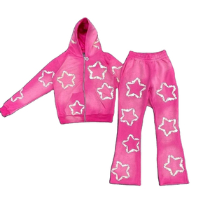 2025 nueva llegada Unisex mejor invierno Sun Fade impreso cremallera sudaderas con capucha y pantalón acampanado dentro de seda algodón polar trajes de chándal - Product Image 5