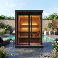 Cabane de bien-être de luxe pour 1 à 2 personnes, design architectural moderne, sauna extérieur avec véranda intégrée et éclairage LED