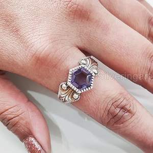 แหวนผู้หญิงพลอยอเมทิสต์ธรรมชาติ หินประจำเดือนกุมภาพันธ์ แหวนสำหรับงานแต่งงาน วันครบรอบ แหวนซ้อนกันได้ เครื่องประดับแหวนเงินแท้ 925 - Product Image 5