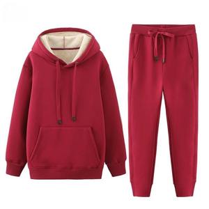 Conjunto cálido de invierno de dos piezas de lana con capucha, pantalones de suéter de longitud larga con patrón sólido, acolchado, grueso, ajuste holgado, estilo dulce - Product Image 4