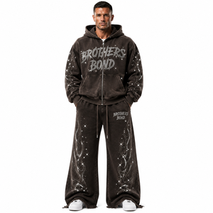 Sudadera con capucha extragrande Brothers Bond para hombre, de algodón French Terry, color negro lavado con pedrería y diseño de bolsillo. - Product Image 6