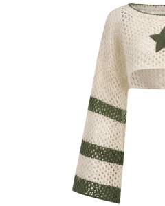 Suéter Corto de Punto Blanco para Mujer, Diseño de Estrellas, Tejido Abierto, Manga Acampanada, Detalle a Rayas, Ligero, Estilo Urbano - Product Image 5