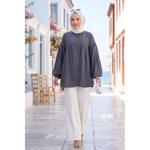 Blouse décontractée automne/hiver à manches ballon, tunique froncée en mousseline gris fumé pour femme, taille XL, printemps/été - Product Image 1