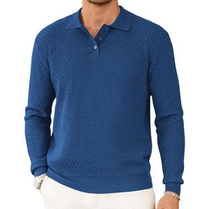 Polo à manches longues en tricot texturé bleu royal pour homme, personnalisation de la marque, haute qualité, doux, respirant, haut de sport décontracté - Product Image 2