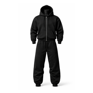 Conjunto de chándal de forro polar grueso para hombre, con sudadera con capucha negra de cremallera completa y pantalones jogger holgados, estilo urbano, OEM personalizado - Product Image 1